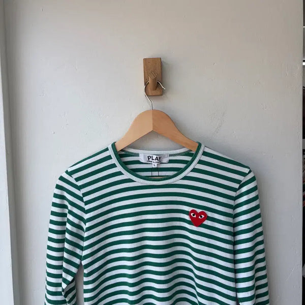 [BUNJANG] Comme des Garçons Red Heart Patch Striped Border Tee / 17664 - 꼼데가르송 레드 와펜 스트라이프 보더티