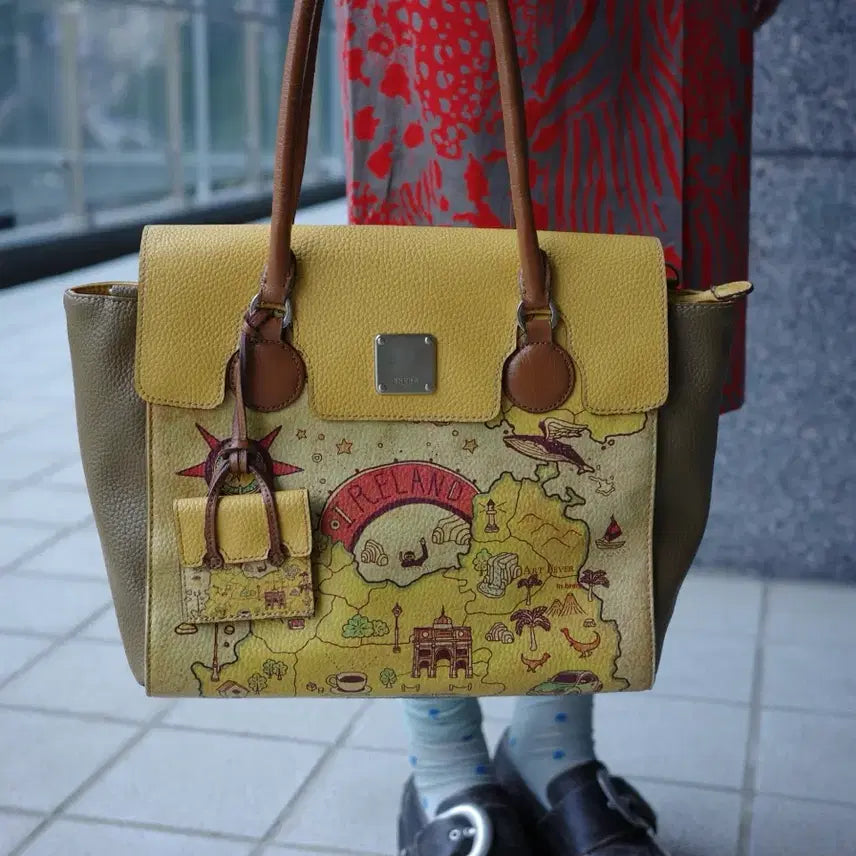 [BUNJANG] Vintage Unique Italian Leather Tote Bag with Map Print / 빈티지 유니크 토트백 가방