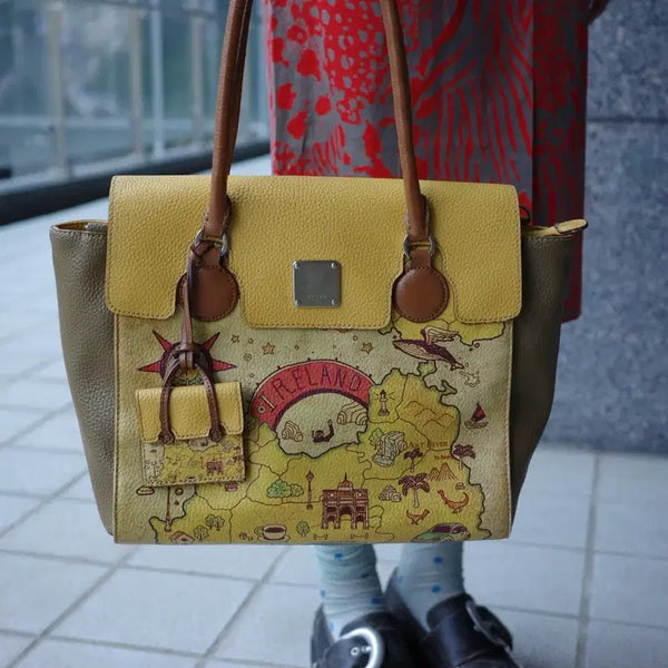 [BUNJANG] Vintage Unique Italian Leather Tote Bag with Map Print / 빈티지 유니크 토트백 가방