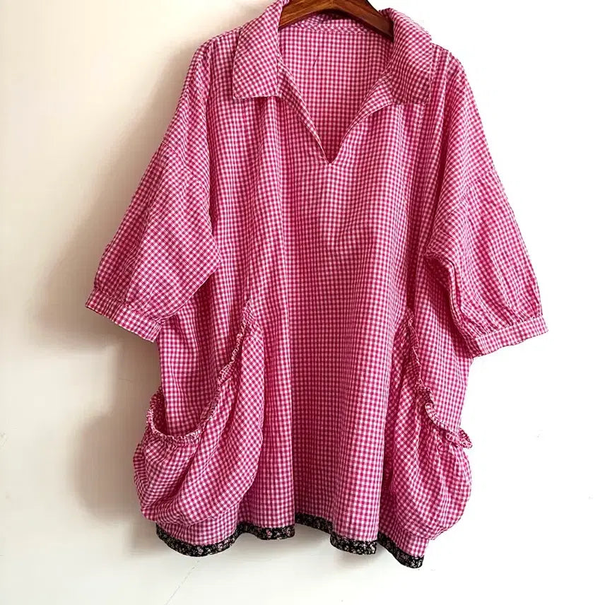 [BUNJANG] Pink Check Pocket Blouse / 핑크 체크 포켓 블라우스