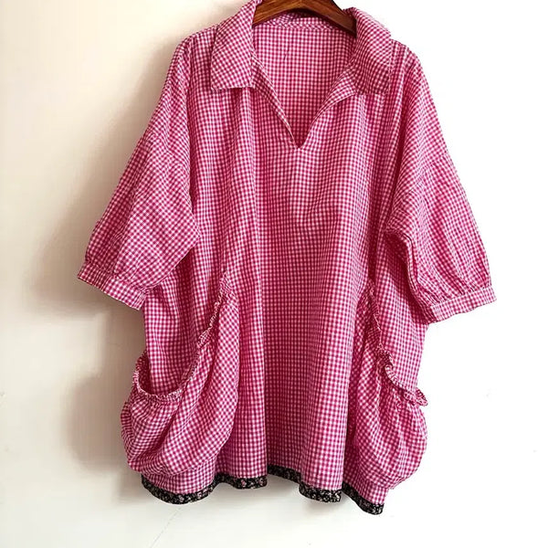 [BUNJANG] Pink Check Pocket Blouse / 핑크 체크 포켓 블라우스