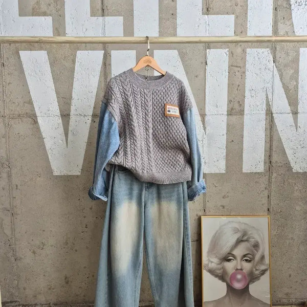 [BUNJANG] Denim Sleeve Knit Sweater / 행사3)데님소매 니트 스웨터