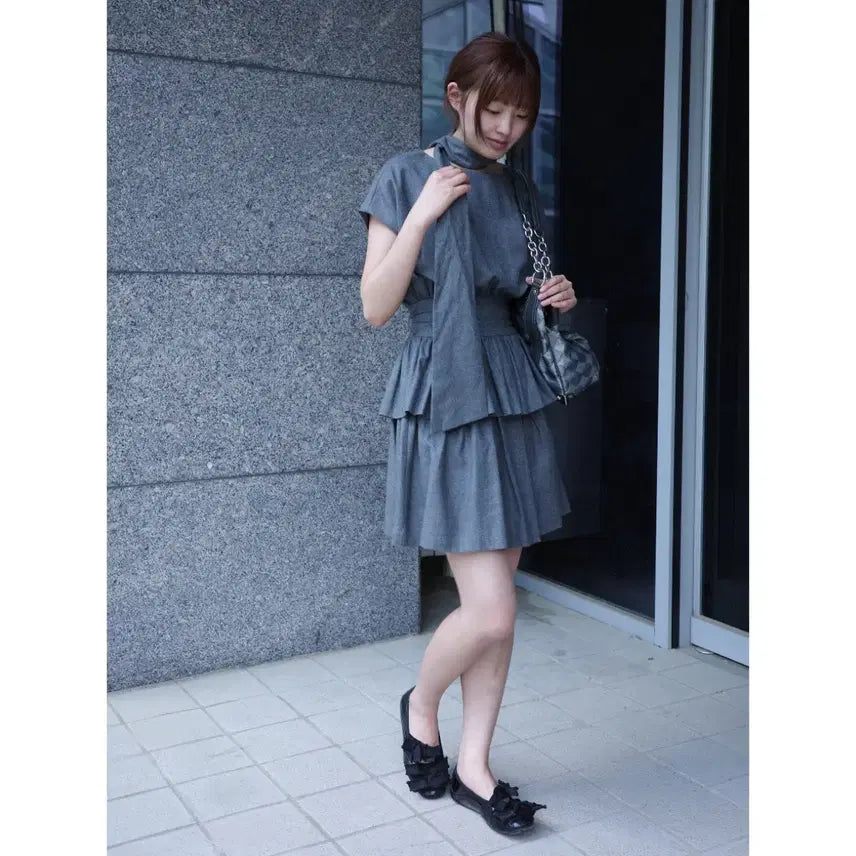 [BUNJANG] Jiakim Vintage Charcoal Short-Sleeve Ruffle Mini Dress Scarf Set / 빈티지 차콜 반팔 캉캉 미니 원피스 스카프 세트