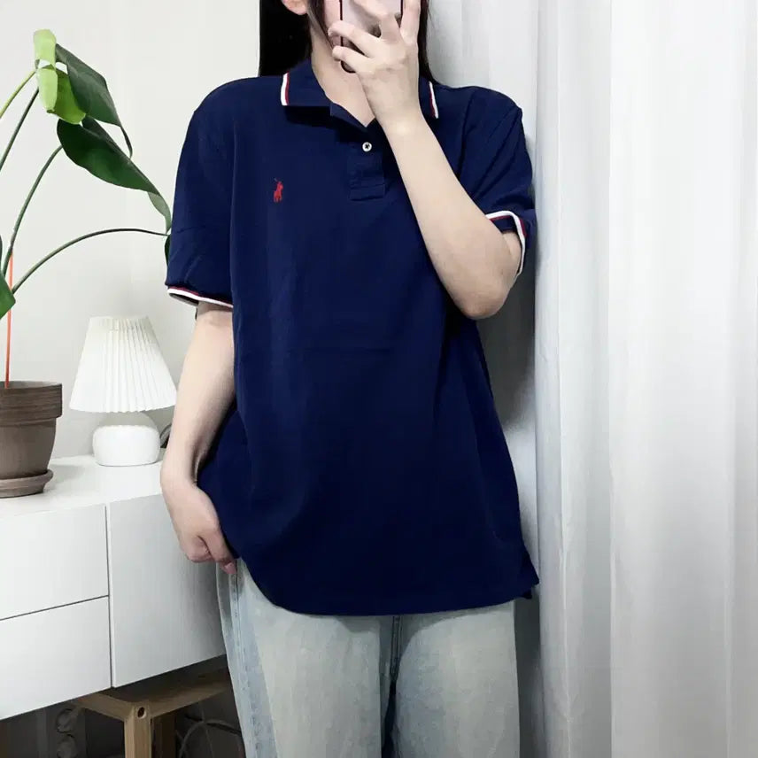 [BUNJANG] Polo Ralph Lauren Navy Red Pony Tipped Collar Short Sleeve Polo Shirt L / 폴로 네이비 / 레드포니 띠줄 반팔카라티 [ L ]