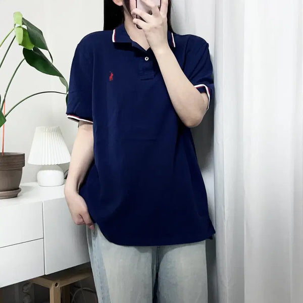 [BUNJANG] Polo Ralph Lauren Navy Red Pony Tipped Collar Short Sleeve Polo Shirt L / 폴로 네이비 / 레드포니 띠줄 반팔카라티 [ L ]