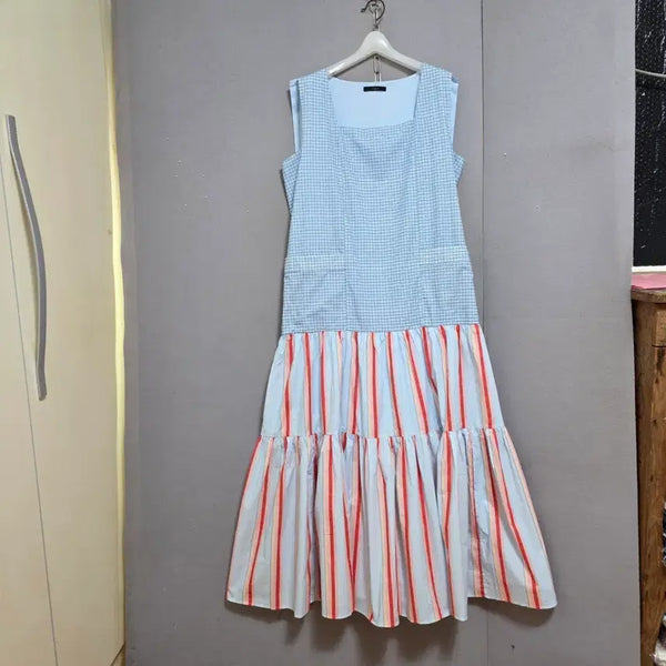 [BUNJANG] Allrights Check Stripe Contrast Large Pocket Long Dress L / 올라이츠 체크줄배색 큰주머니 롱원피스 L  n8317