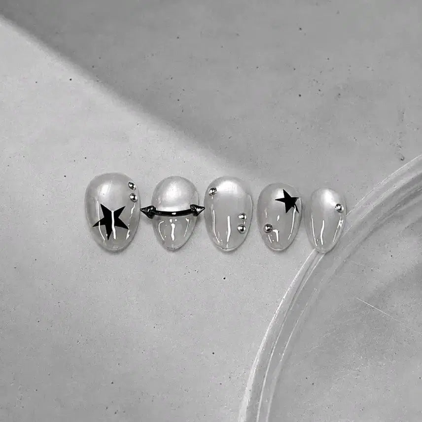 [BUNJANG] Handmade Nail Tips with Silver Magnetic Gel, Black Star, and Silver Piercing Accents / 피어싱 수제 네일팁