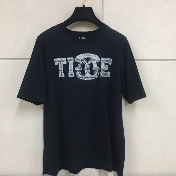 [BUNJANG] TIME (Hansem) Black Beaded Logo Short Sleeve T-Shirt / 한섬 타임 정품 블랙 비즈자수 로고 반팔티셔츠