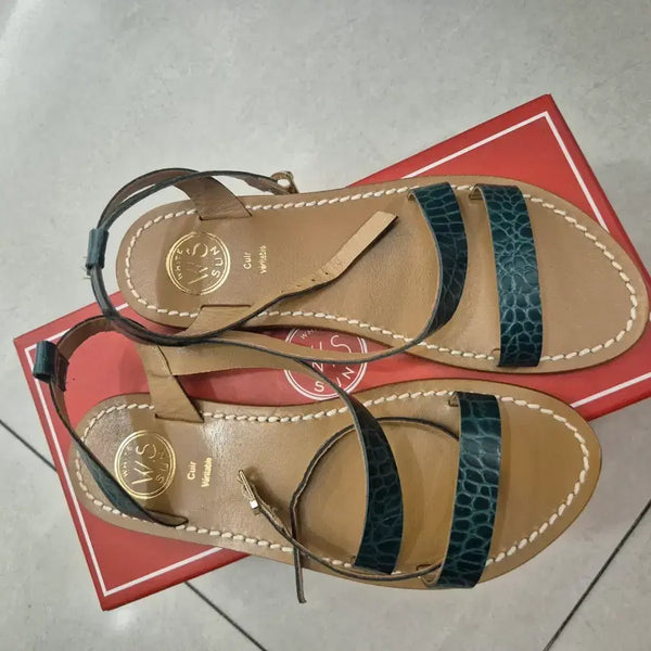 [BUNJANG] WS SUN Green Crocodile Pattern Leather Strap Sandals / 그린 악어무늬 스트랩 샌들