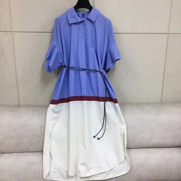 [BUNJANG] System Oversized Shirtdress with Shirred Sleeves and Belt / 한섬 시스템 정품  오버핏 셔링소매 하늘색 배색  벨트 셔츠 원피