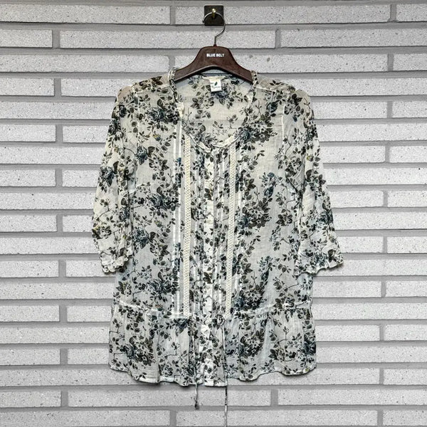 [BUNJANG] Vintage Japanese Floral Print Sheer Blouse - White / JPN VINTAGE 블라우스 플라워 프린팅 시스루 디테일 화이트