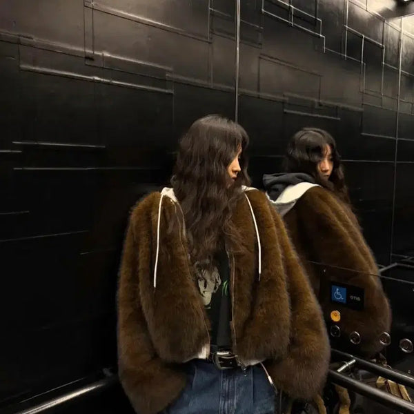 [BUNJANG] All Rights Faux Fur Hooded Jacket Brown / 올라이츠 퍼브자켓