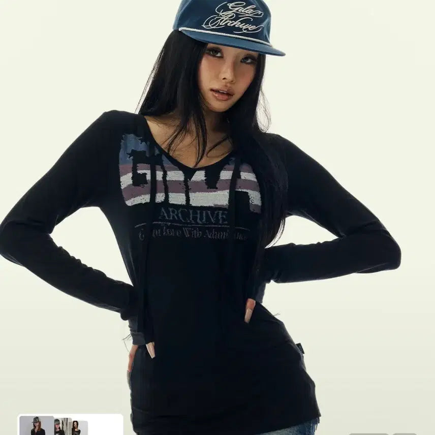 [BUNJANG] GILLIARCHIVE USA Logo V-Neck Long Sleeve Black / 길라아카이브 롱슬리브 USA LOGO V NECK LONG SLEEVE_BLACK