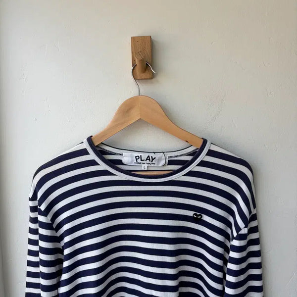 [BUNJANG] Comme des Garçons Black Heart Patch Stripe Border T-Shirt / 17663 - 꼼데가르송 블랙 와펜 스트라이프 보더티