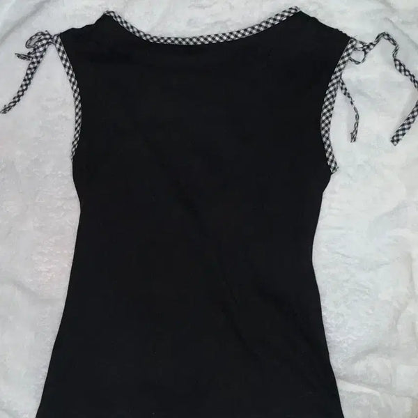 [BUNJANG] Vintage Mori Girl Style Checkered Camisole / 빈티지 모리걸 체크 끈 나시