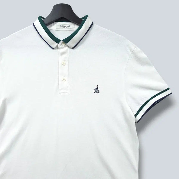 [BUNJANG] Beanpole White Classic Slim Fit Stripe Colorblock Pique Short Sleeve T-Shirt / [100] 빈폴 화이트 클래식 슬림핏 스트라이프 배색 피케 반팔티셔츠