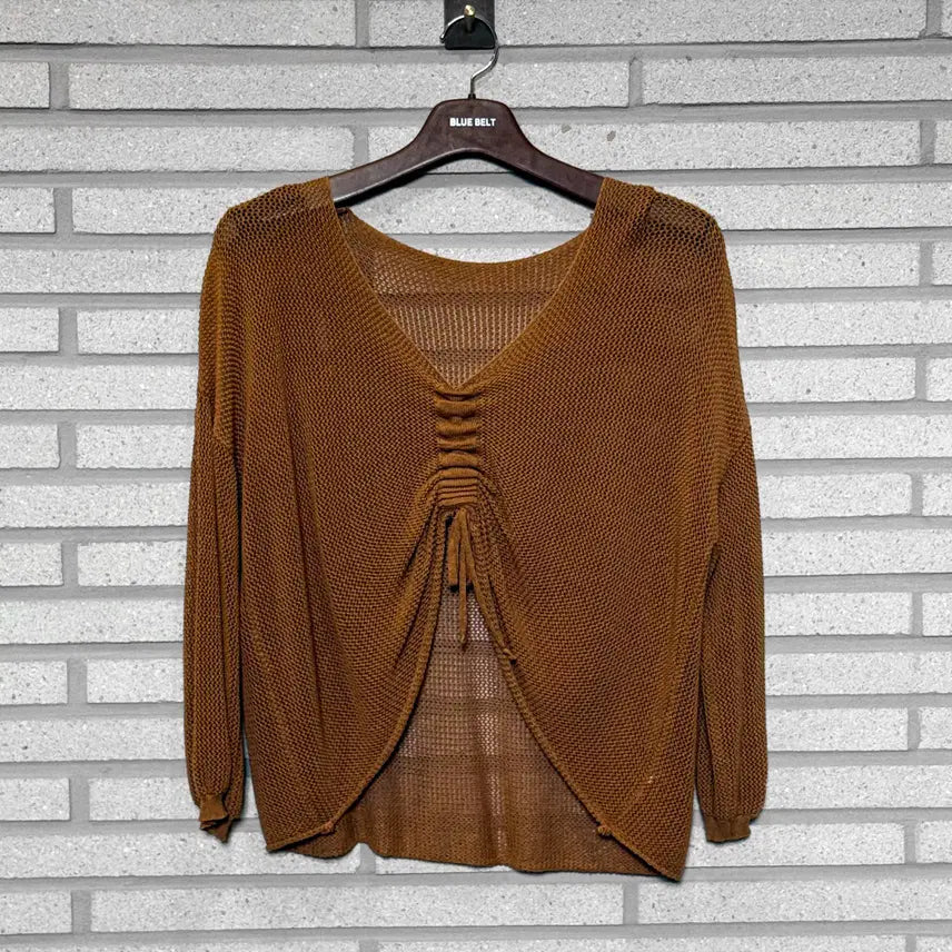 [BUNJANG] Vintage Knit Mesh Shirring Detail Brown Top / JPN VINTAGE 니트 매쉬 셔링 디테일 브라운