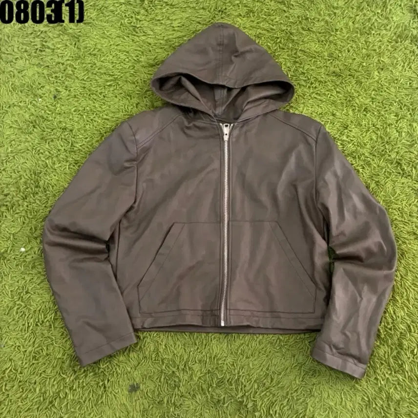 [BUNJANG] Grey Leather Hooded Zip-Up Jacket / 후드 집업 가죽 자켓 그레이