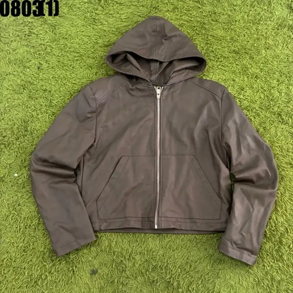 [BUNJANG] Grey Leather Hooded Zip-Up Jacket / 후드 집업 가죽 자켓 그레이