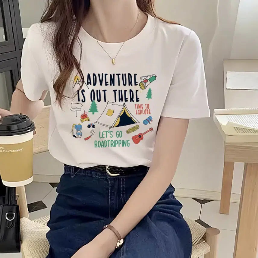 [BUNJANG] Unisex Camping Illustration Short-Sleeve T-Shirt / 남녀공용 캠핑 일러스트 반팔 티셔츠