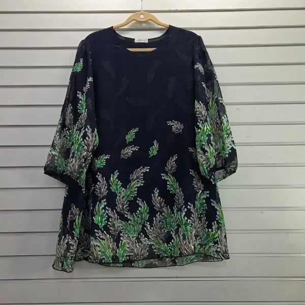 [BUNJANG] Leaf Print Chiffon Three-Quarter Sleeve Long Blouse / 나뭇잎무늬 쉬폰 칠부소매 부인복 롱블라우스 88/보물찾기천사