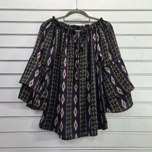 [BUNJANG] Patterned 3/4 Sleeve Front Tie Chiffon Blouse - Size 55 / 패턴무늬 칠부소매 앞끈장식 쉬폰 블라우스 55/보물찾기천사