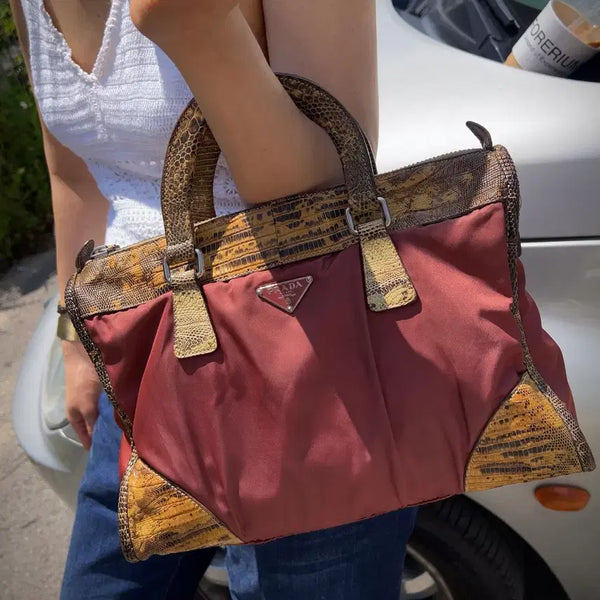[BUNJANG] Prada Python Trimmed Nylon Tote Bag Burgundy / 프라다 콤비 명품가방 토트백 버건디