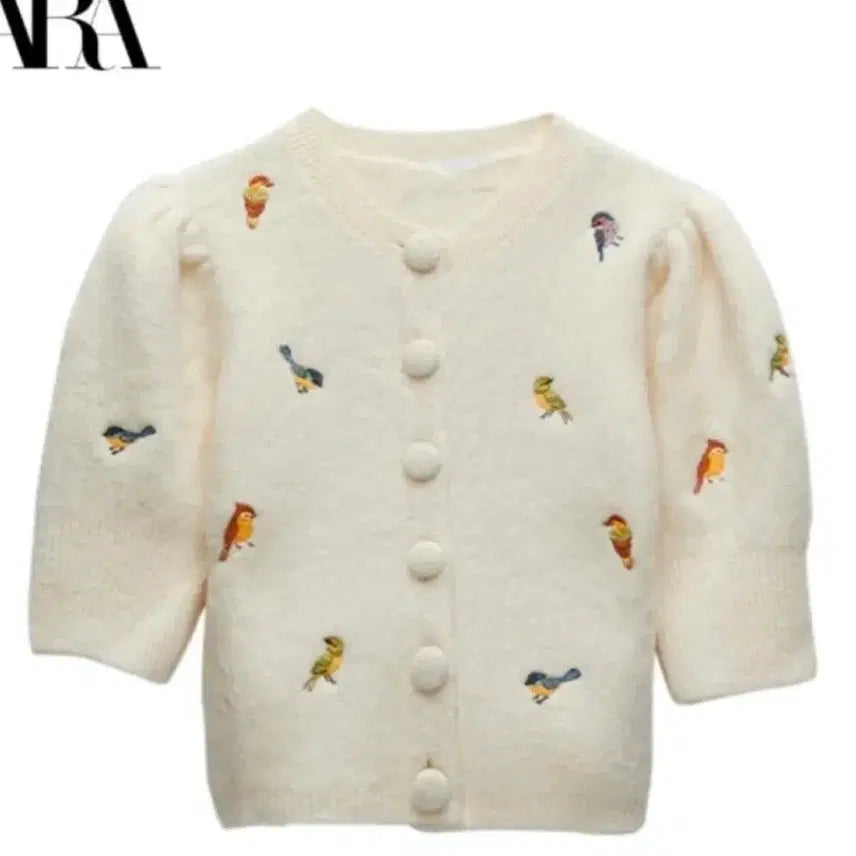 [BUNJANG] ZARA Ivory Bird Embroidered Short-Sleeve Cardigan / ZARA 아이보리 버드 자수 반팔 가디건