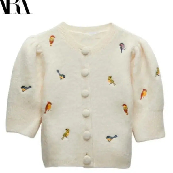 [BUNJANG] ZARA Ivory Bird Embroidered Short-Sleeve Cardigan / ZARA 아이보리 버드 자수 반팔 가디건