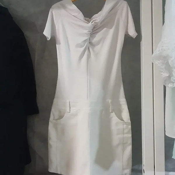 [BUNJANG] White Jumpsuit Dress with Half Sleeves and Denim Skirt / 브이넥 섹시한 화이트 점프수트 원피스 반팔원피스 청치마