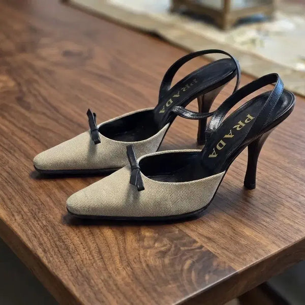 [BUNJANG] Prada Canvas Ribbon Slingback Heel Shoes Beige/Black Size 36.5 / [정품] 프라다 캔버스 리본 슬링백 힐 구두 (백화점가170)