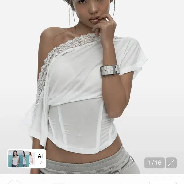 [BUNJANG] KASHIKO Lace One-Shoulder Corset T-Shirt White / 카시코 레이스 원숄더 코르셋 티셔츠 화이트