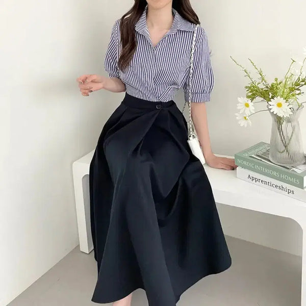 [BUNJANG] Classic Blanc Stripe Short-Sleeve Hidden Button Shirt Wrap Flare Long Dress / 새상품) 클래식블랑/트레피 봄 여름 하객룩 스트라이프 반팔 히든버튼 셔츠 랩 뒷밴딩 플레어 롱 원피스
