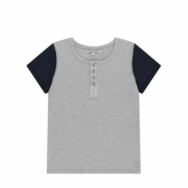 [BUNJANG] Koiseio Mélange Grey Short Sleeve T-Shirt with Navy Accents / 코이세이오 반팔