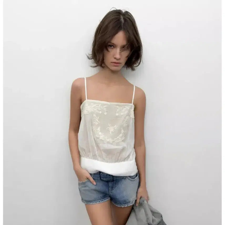 [BUNJANG] Zara Embroidered Gauze Strap Top XS / 자라 자수 거즈 스트랩 탑 XS