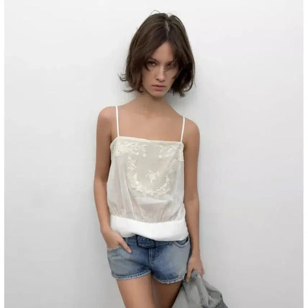 [BUNJANG] Zara Embroidered Gauze Strap Top XS / 자라 자수 거즈 스트랩 탑 XS