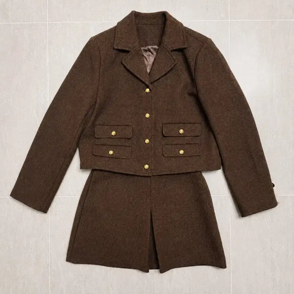 [BUNJANG] Chic Import Wool Blend Blazer + Skirt Set - Brown (M) / (새상품급_수입의류) C금장 울혼방 자켓 + 스커트 세트 (브라운/M)