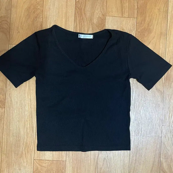 [BUNJANG] Ribbed V-Neck Short-Sleeve T-Shirt Black / 여성 골지 브이넥 반팔티셔츠 블랙검정검은색