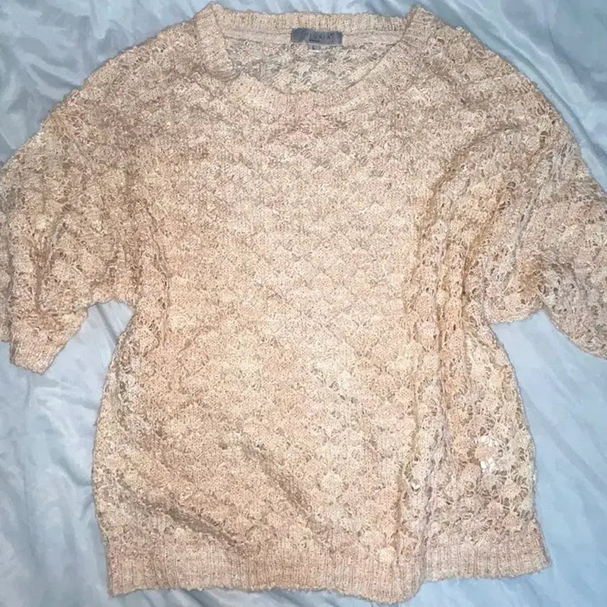 [BUNJANG] Mori Crochet See-through Apricot Knit Top / 모리 크로쉐 시스루 살구색 니트 탑 반팔 펀칭 하구미 모리걸크루빈티지