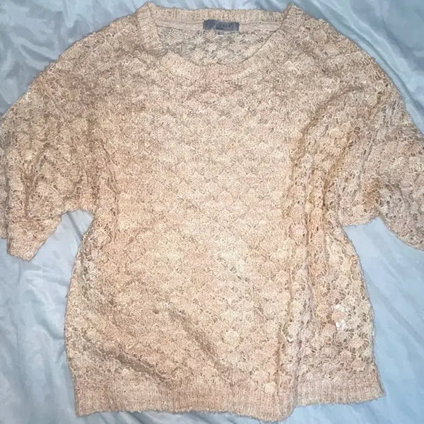 [BUNJANG] Mori Crochet See-through Apricot Knit Top / 모리 크로쉐 시스루 살구색 니트 탑 반팔 펀칭 하구미 모리걸크루빈티지