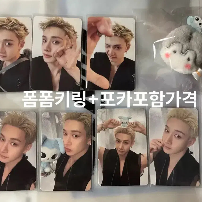 [BUNJANG] Stray Kids Bang Chan Wolfchan Pompom Keyring & 7 Photocards Bundle Set / 방찬) 스키즈 런잇 입장 기프트 울프찬 폼폼키링 + 포카 7장 일괄 테이시
