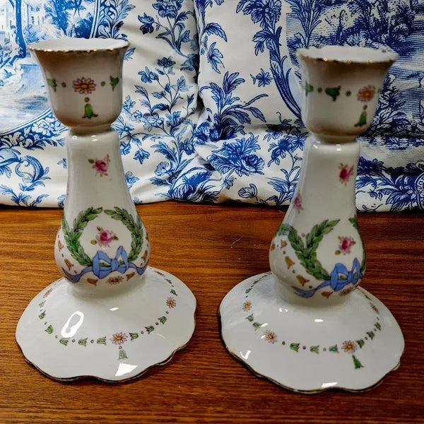 [BUNJANG] Shelley 7391 Blue Ribbon Candlestick Set of 2 (1910s) / 이슈상품) 1910년대 앤틱 쉘리 7391 블루리봉 촛대 2개 일괄