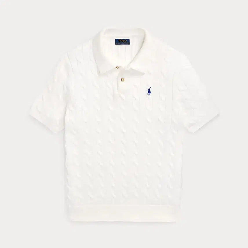 [BUNJANG] Polo Ralph Lauren Cable Knit Short Sleeve Polo Shirt White / 폴로 랄프로렌 케이블 니트 반팔 폴로셔츠 화이트