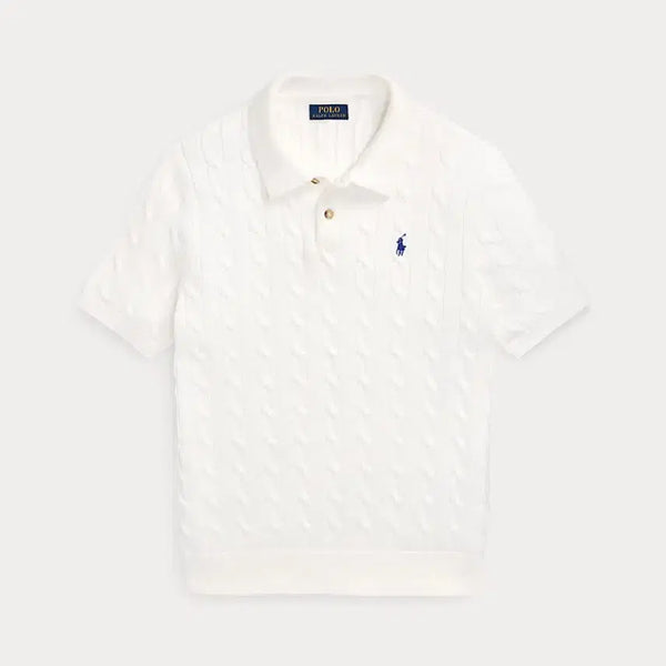 [BUNJANG] Polo Ralph Lauren Cable Knit Short Sleeve Polo Shirt White / 폴로 랄프로렌 케이블 니트 반팔 폴로셔츠 화이트