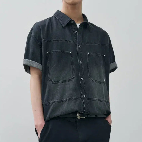 [BUNJANG] Alice Contrast Denim Short Sleeve Shirt / [새상품] 알리스 콘트라스트 데님 반팔셔츠