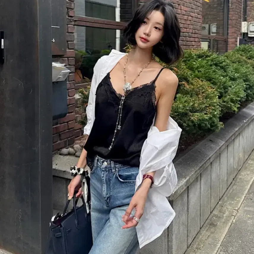 [BUNJANG] D'orb Made Lace Silky Camisole / 드오브 메이드 레이스 실키나시