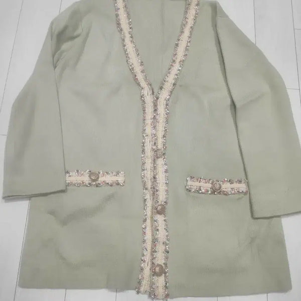 [BUNJANG] Colorblock Tweed Cardigan - Light Green / 트위드 배색 가디건 라이트 그린