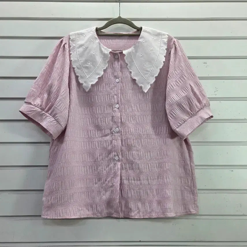 [BUNJANG] Pink White Big Collar Blouse / 연핑크  화이트 빅카라 블라우스77/보물찾기천사