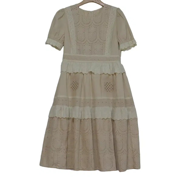 [BUNJANG] Cotton Lace Long Dress Beige / 코튼 레이스 롱 원피스 55 66 펀칭 레이스 베이지