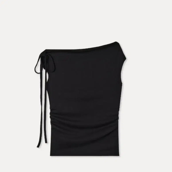 [BUNJANG] M: See Shirring Ribbon Tie Top Black / 미쏘 셔링 리본끈 탑 블랙
